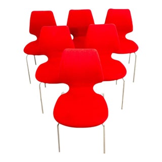 1960s Mid Century Danish Modern Dining Chairs Set 6 Metal Red Denmark Upholstered MCM For Sale