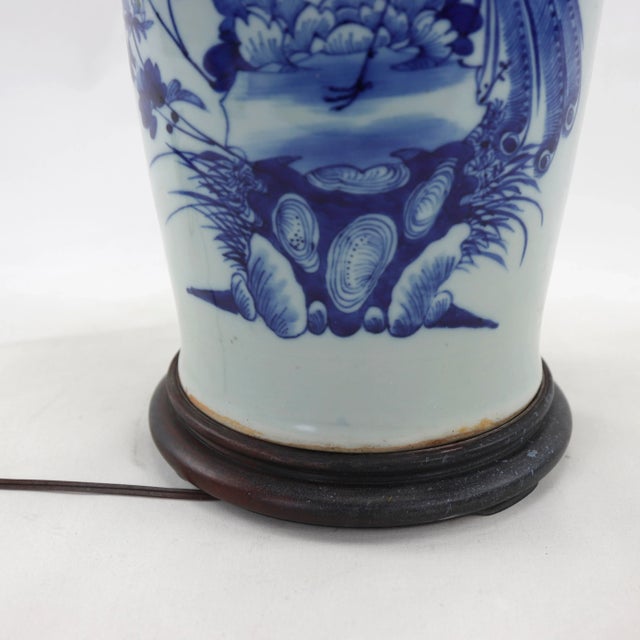 Blue Early 20th Century Chinese Celadon Blue and White Peony Phoenix Vase Table Lamp For Sale - Image 8 of 9