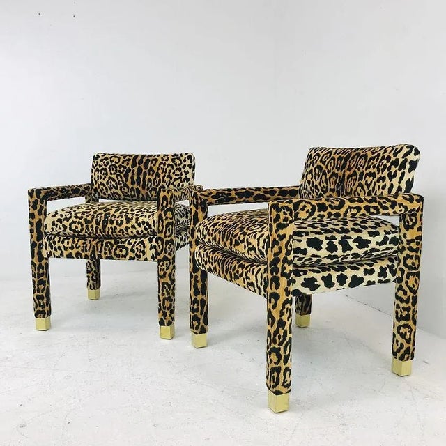 Milo Baughman Leopard Parsons Chair With Brass Sabots For Sale - Image 4 of 7