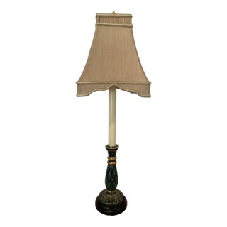 French Hand Enameled Porcelain Candlestick Table Lamp on Wood Base With Paneled Gold Linen Shade, Draped Apron, and Cord Accent. For Sale