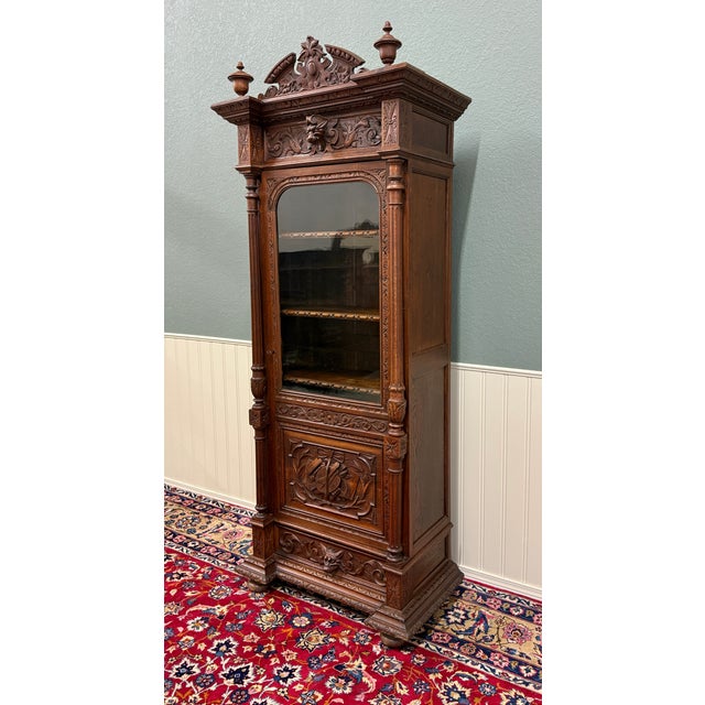 Antique French Renaissance Revival Scholars Bookcase Cabinet Carved Oak 19th C For Sale - Image 4 of 15
