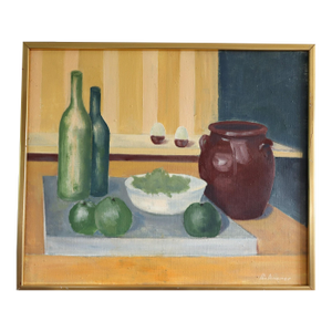 Mid-Century Modern 'Still Life With Green Bottles' Vintage Swedish Expressive Oil Painting, Framed