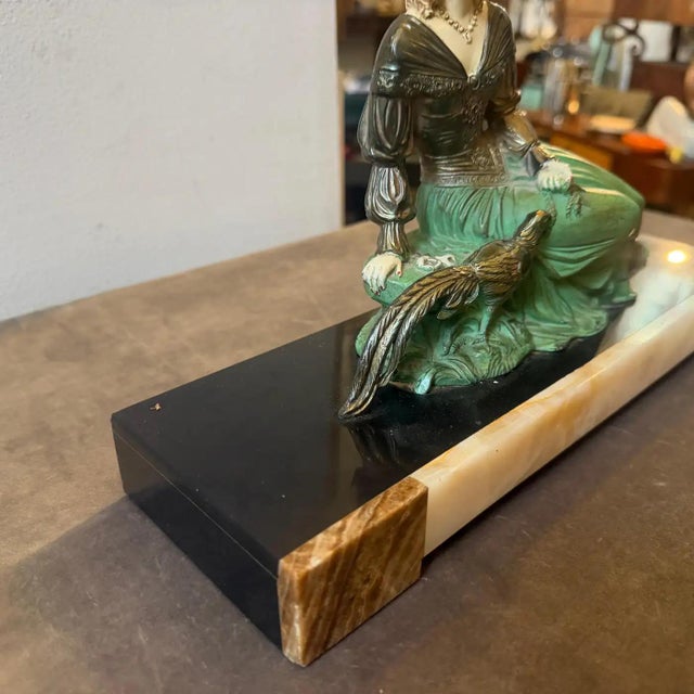 A 1930s Art Deco Spelter and Marble French Statue of a Woman and a Pheasant For Sale - Image 13 of 15