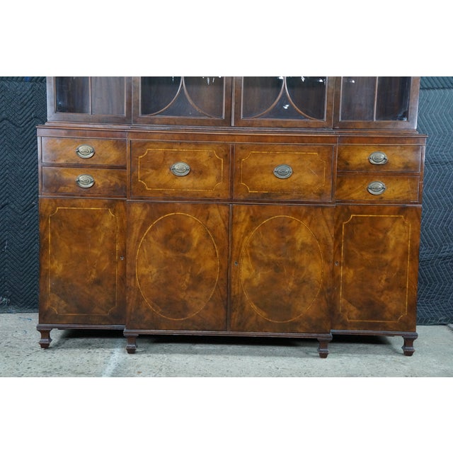 Mid Century Baker Georgian Mahogany Breakfront Bookcase Cabinet Bubble Glass, Attributed For Sale - Image 17 of 18