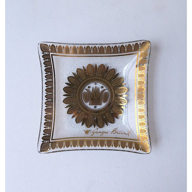 A beautiful vintage bent glass dish with gold sunflower center and sheaf-of-wheat design, details around edge, by designer...