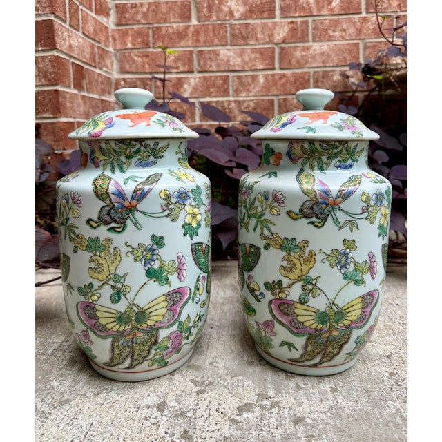 Rose Chinese Famille Rose Butterfly and Floral Lidded Ginger Jars Chinoiserie Urns -a Pair For Sale - Image 8 of 11
