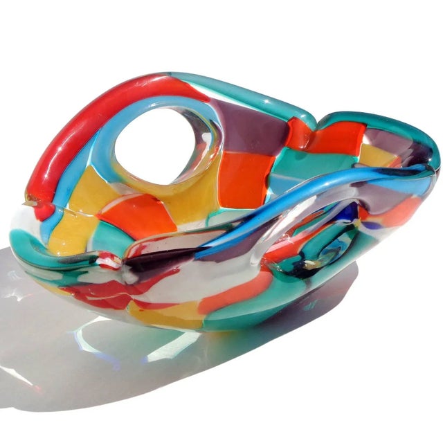 Mid-Century Modern Vintage Murano Rainbow Colors Pezzato Design Italian Art Glass Mid Century Centerpiece Bowl For Sale - Image 3 of 7