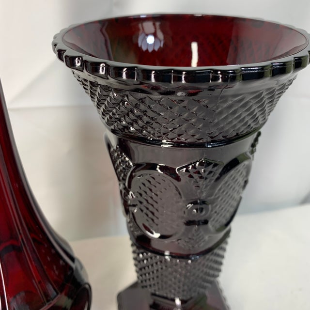 Traditional Vintage Avon 1876 Cape Cod Ruby Red Glass Flower Vase and Bud Vase - Pair For Sale - Image 3 of 7