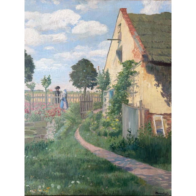 Early 19th Century 19th-Century English Garden Scene With Figures — Signed Oil on Canvas For Sale - Image 5 of 7