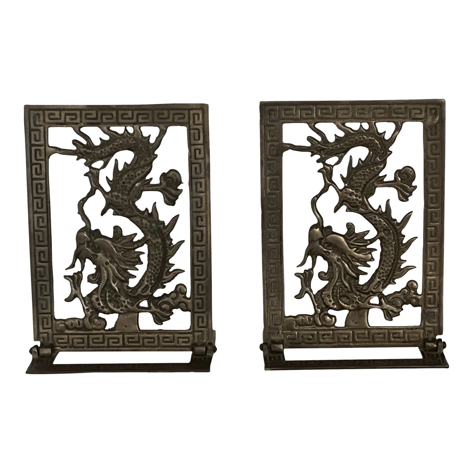 Vintage MidCentury Brass Asian Inspired Greek Key Bookends a Pair