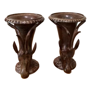 Antique German Bronze Chalice With Deer Head Base and Antlers 1890s- Set of 2