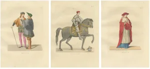Italian Renaissance Figures of Pages, Cavalier, and Cardinal in Costume, 1845, Paper, Set of 3