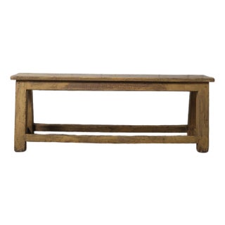 Late 20th Century Rustic Yellow Painted Wooden Bench With Carved Front Apron For Sale