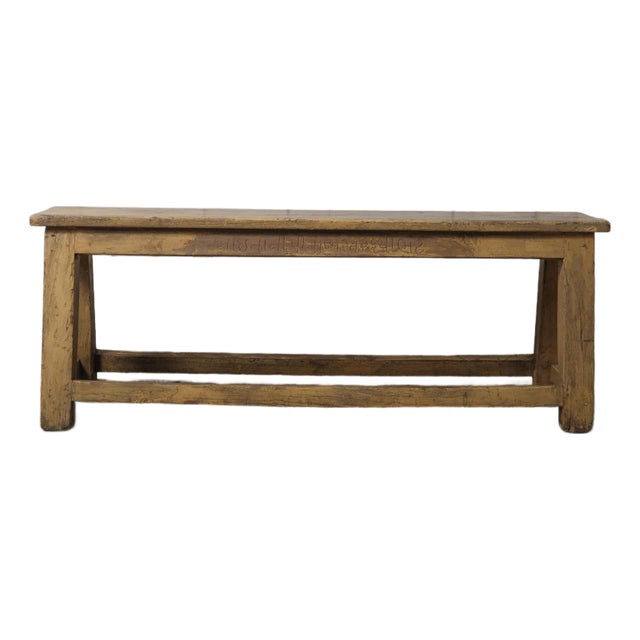 Late 20th Century Rustic Yellow Painted Wooden Bench With Carved Front Apron For Sale