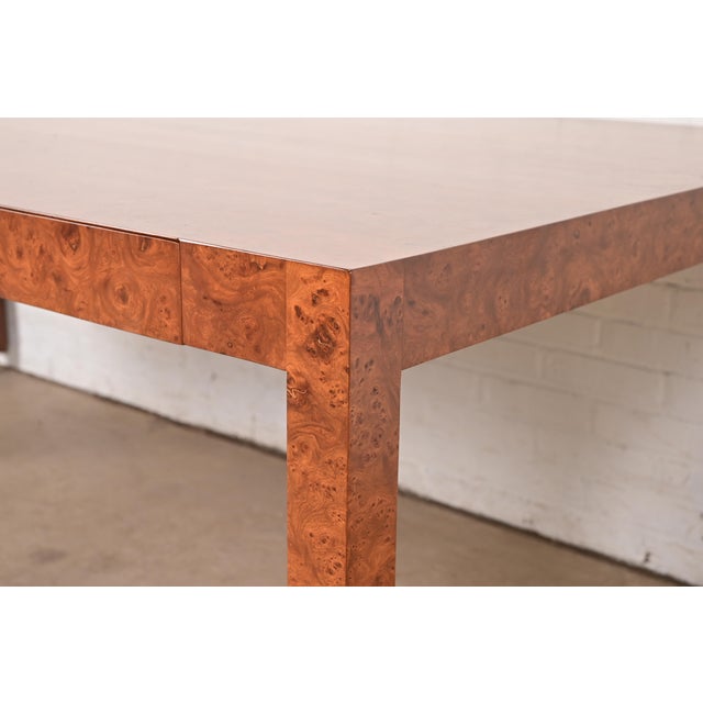 Milo Baughman Style Mid-Century Modern Burl Wood Parsons Dining Table or Executive Desk, Newly Refinished For Sale - Image 9 of 13