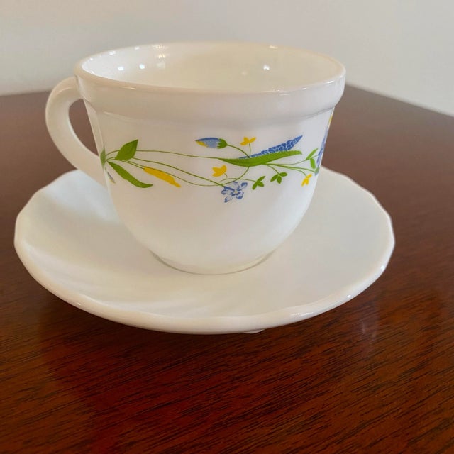 Vintage Middle Eastern Milk Glass Floral Cups & Saucers, 10 Piece Set For Sale - Image 4 of 9