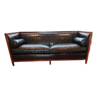 Baker Archetype Wood Banded Leather Sofa For Sale