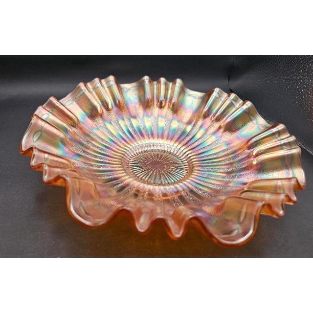 Fenton Art Glass Company Fenton Marigold 1910 Carnival Art Glass Stippled Rays 3-1 Ruffled Edge Serving Bowl Candy Dish For Sale - Image 4 of 9