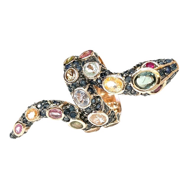 Bochic “Orient” Ruby & Sapphires Serpent Cocktail Ring Set 18k & Silver Size 7 For Sale