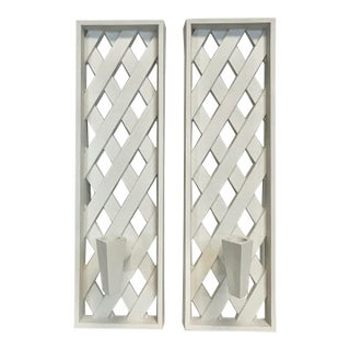 Mid-Century Boho Chic Coastal Syroco Style Lattice Candle Sconces - A Pair For Sale