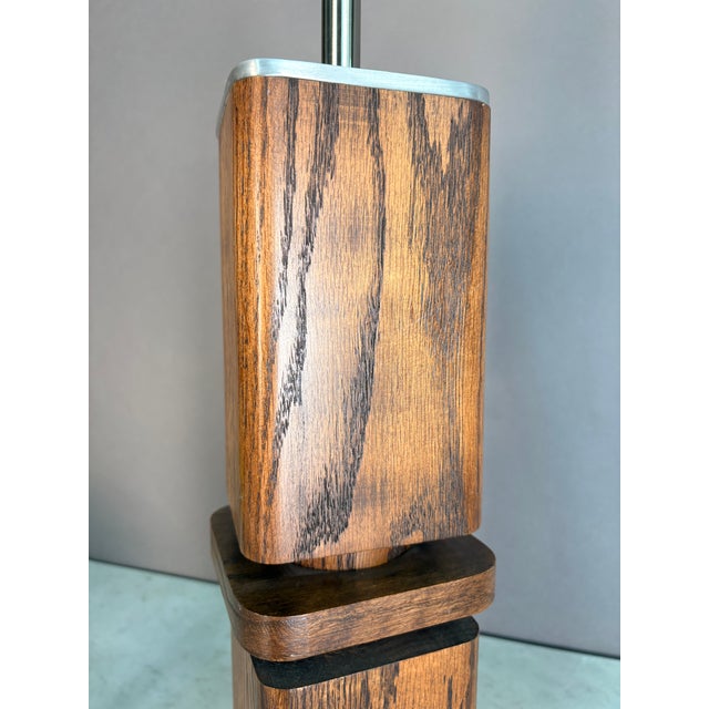 Brown 1960s Mid Century Modern Carved Wood Block Table Lamp For Sale - Image 8 of 11