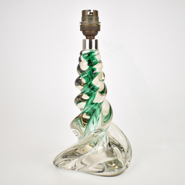 Vintage French Crystal Table Light | Mid Century Emerald Green Accent Light Bedside | Lead Twisted Glass | Val St Lambert Seguso Murano 1950 For Sale - Image 9 of 10