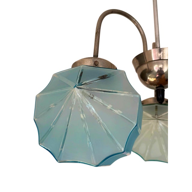 Art Deco 3-Armed Chandelier with Blue Glass Shades, Europe, 1930s For Sale - Image 6 of 11
