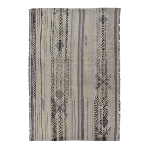 Stripe Design Turkish Vintage Flat-Weave Rug in Shades Grey, Brown, and Lavender
