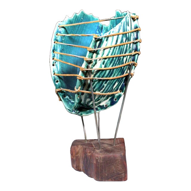 Mid Century Modern Ceramic Green Biomorphic Shell Design on Metal & Wood Stand For Sale