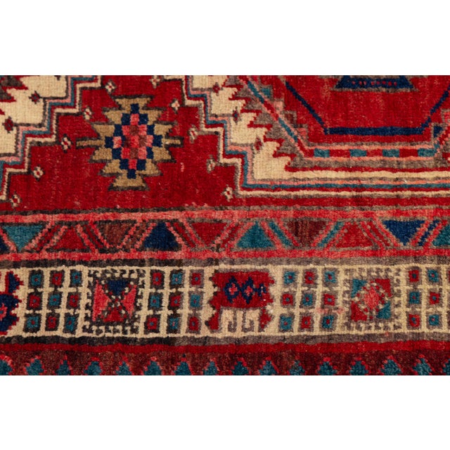 Textile Vintage Hand-Knotted Turkish Wool Runner Rug With Geometric Tribal Medallions in Crimson, Indigo, and Cream For Sale - Image 7 of 9