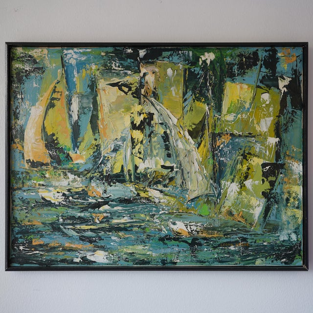 Leona Heluk (1932-2002) Mid-Century Abstract Expressionist Sailboat Oil Painting Original For Sale - Image 13 of 16