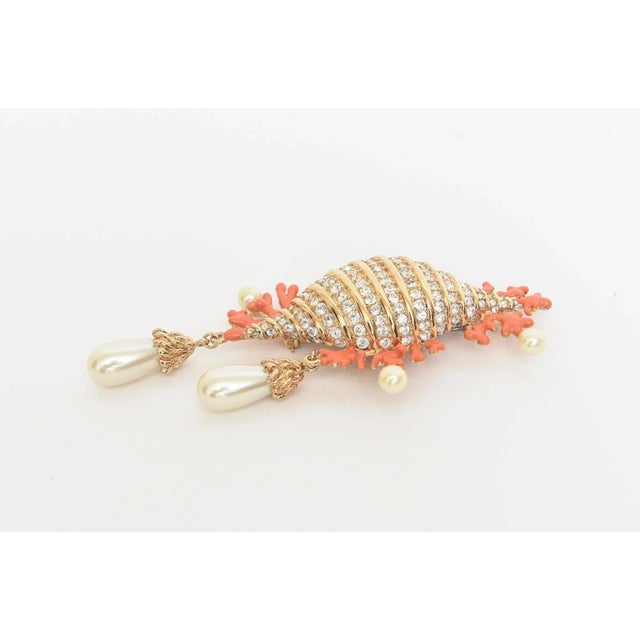 Hutton Wilkinson Coral Enamel Faux Pearl, Rhinestone Gold Filled Brooch or Pin, 1980's For Sale In Miami - Image 6 of 10