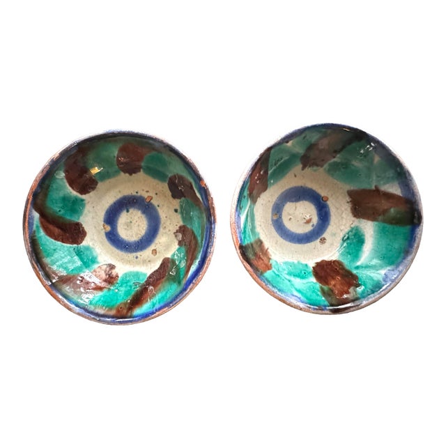 Vintage Southwestern Oaxacan Majolica Aqua and Brown Studio Art Pottery Decorative Bowls, a Pair For Sale