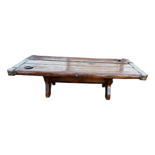 Vintage Farmhouse Rustic Style Liberty Ship Hatch Cover Trestle Base Coffee Table For Sale
