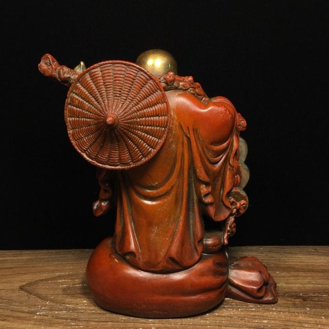 Vintage Gilt Patinated Bronze Laughing Buddha Sculpture With Coins and Ruyi Scepter For Sale In Los Angeles - Image 6 of 9
