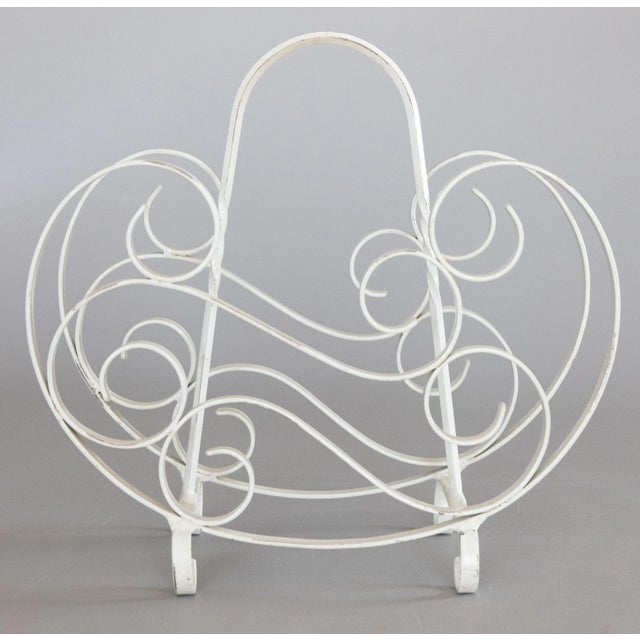 Vintage French Country Style White Painted Wrought Iron Magazine Rack For Sale - Image 4 of 8