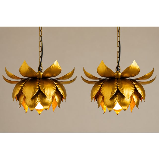 Gold Vintage 1970's Italian Gilt Metal Lotus Flower Pendant/ Chandelier/ Ceiling Fixtures a - Pair For Sale - Image 8 of 8