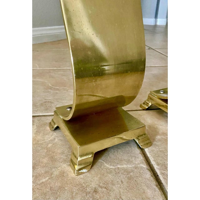 Yellow Pair of 1970s Brass Modern Scroll Andirons For Sale - Image 8 of 12