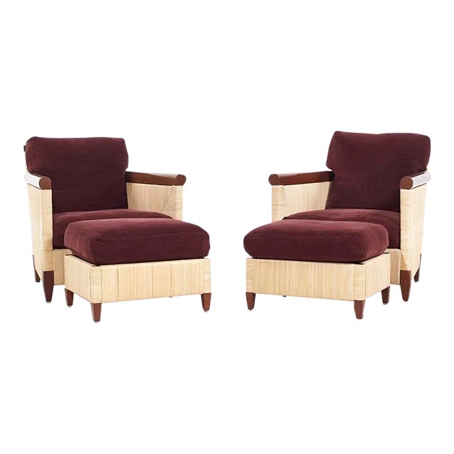 John Hutton for Donghia Merbau Collection Mahogany and Rattan Club Chairs With Ottomans - Pair For Sale