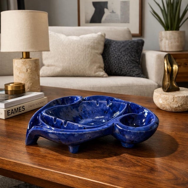 Ceramic Vintage Studio Art Pottery Cobalt Blue Sculptural Ceramic Ashtray / Catchall Dish, Signed Erm For Sale - Image 7 of 9