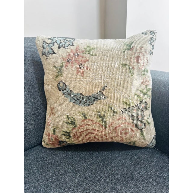 Boho Chic Vintage Turkish Isparta Rug Pillow Cover 16x16 – Faded Floral Wool Cushion For Sale - Image 3 of 11