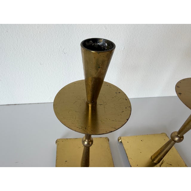 1970s Mid-Century Modern Brass & Metal Geometric Candle Holders – Pair For Sale - Image 12 of 12