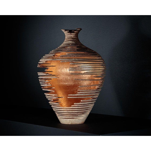 Marc Fish, Contemporary, Ash, Rose Gold Leaf, Three Triptych Vessels, Uk, 21st C For Sale - Image 4 of 12