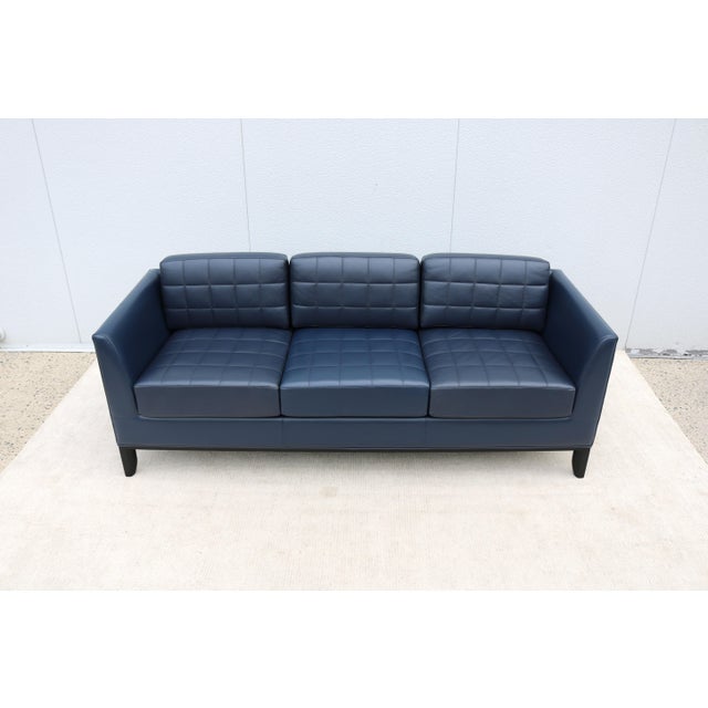 Mid-Century Modern MCM Style Mark Goetz for Bernhardt Design Moreau Sofa in Navy Blue Leather For Sale - Image 3 of 18