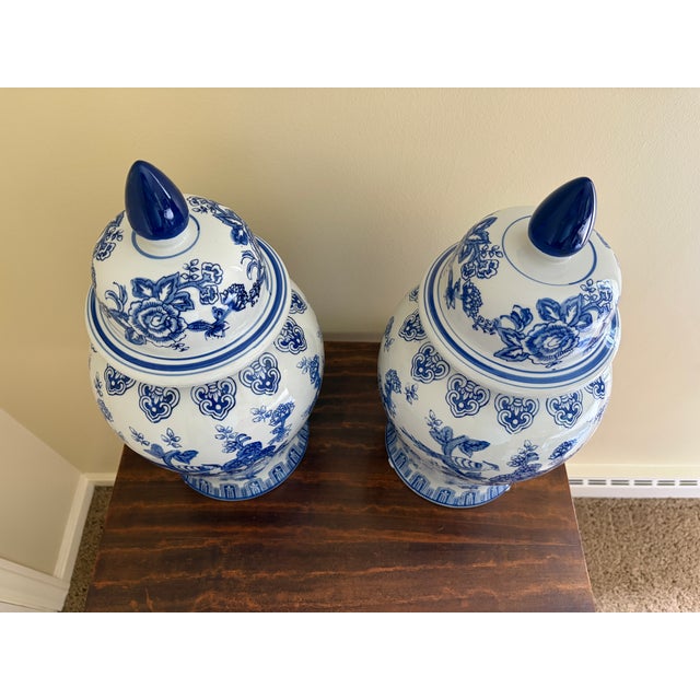 Ceramic Chinoiserie Large Blue and White Porcelain Ginger Jars, Pair For Sale - Image 7 of 10