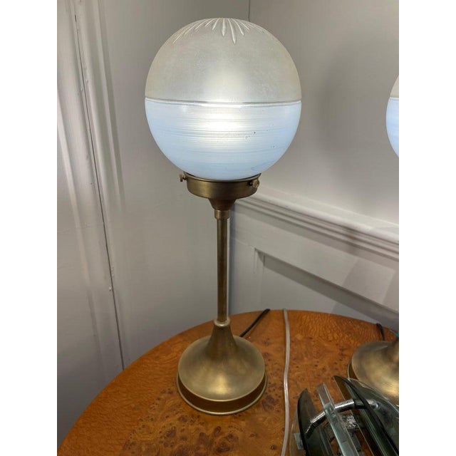 1930s 1930s Deco Period Art Glass Shade Table Lamps on Brass Stems - a Pair For Sale - Image 5 of 5