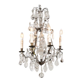 French 19th Century Six-Light Brass Chandelier with Pendeloques and Teardrops For Sale