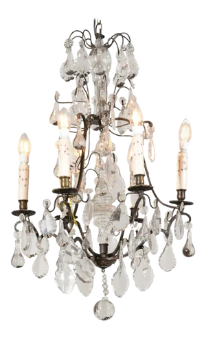 French 19th Century Six-Light Brass Chandelier with Pendeloques and Teardrops