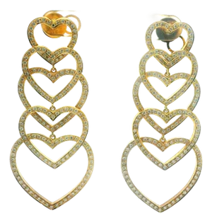 1990s Pair of 18k Gold Diamond Heart Cascade Chandelier Earrings, 3 Carats