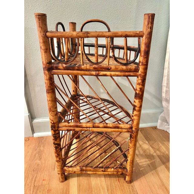 Vintage Scorched or Tortoise Bamboo Chinoiserie 3 Tier Corner Shelf For Sale - Image 4 of 8